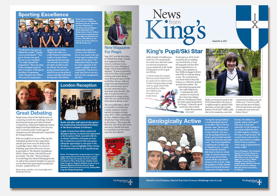 Front cover design artwork for the King's newsletter design